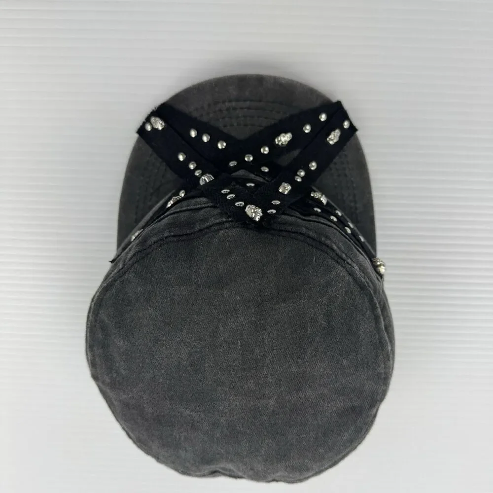 Hot Topic Star Skull Stud Cadet Hat Gray Black Studded Military Cap Adjustable